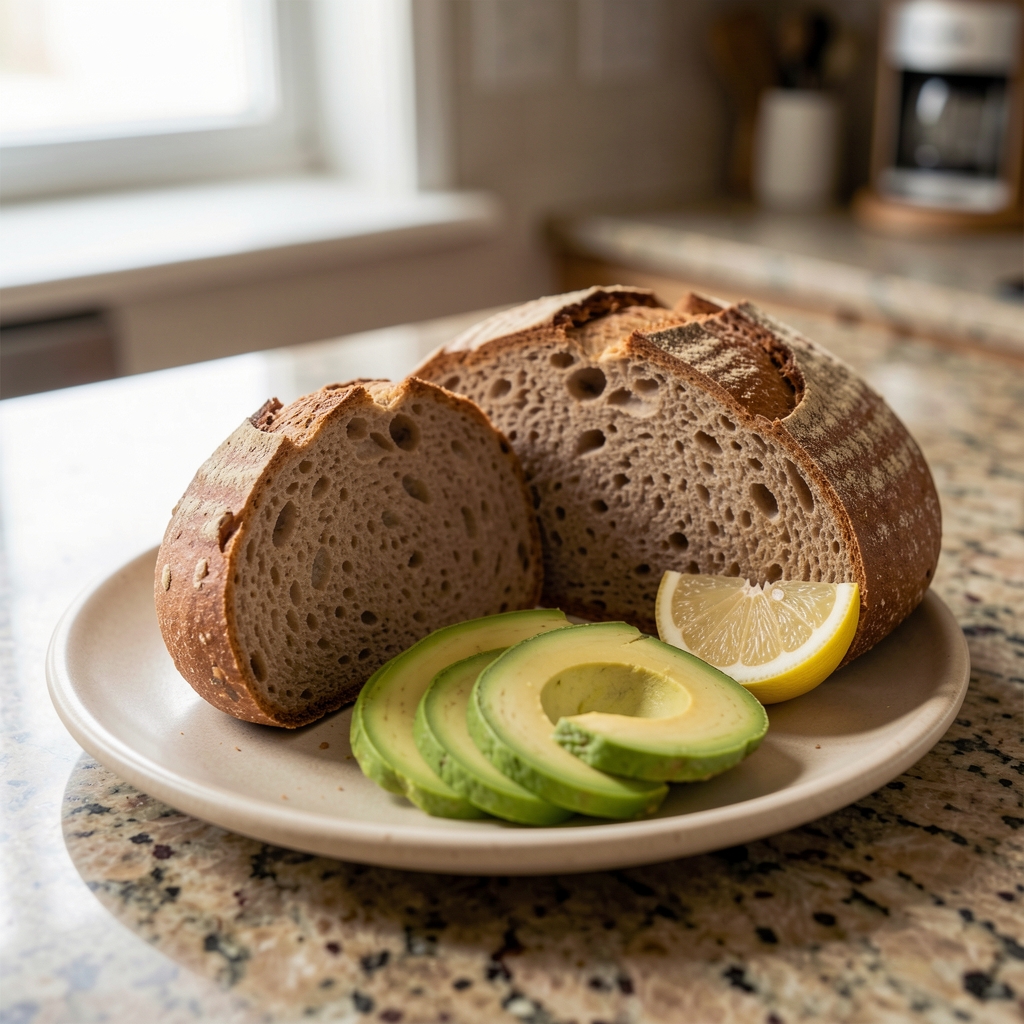 Close view of a kitchen counter with whole grain bread, sliced avocado, and a lemon on a pale ceramic plate