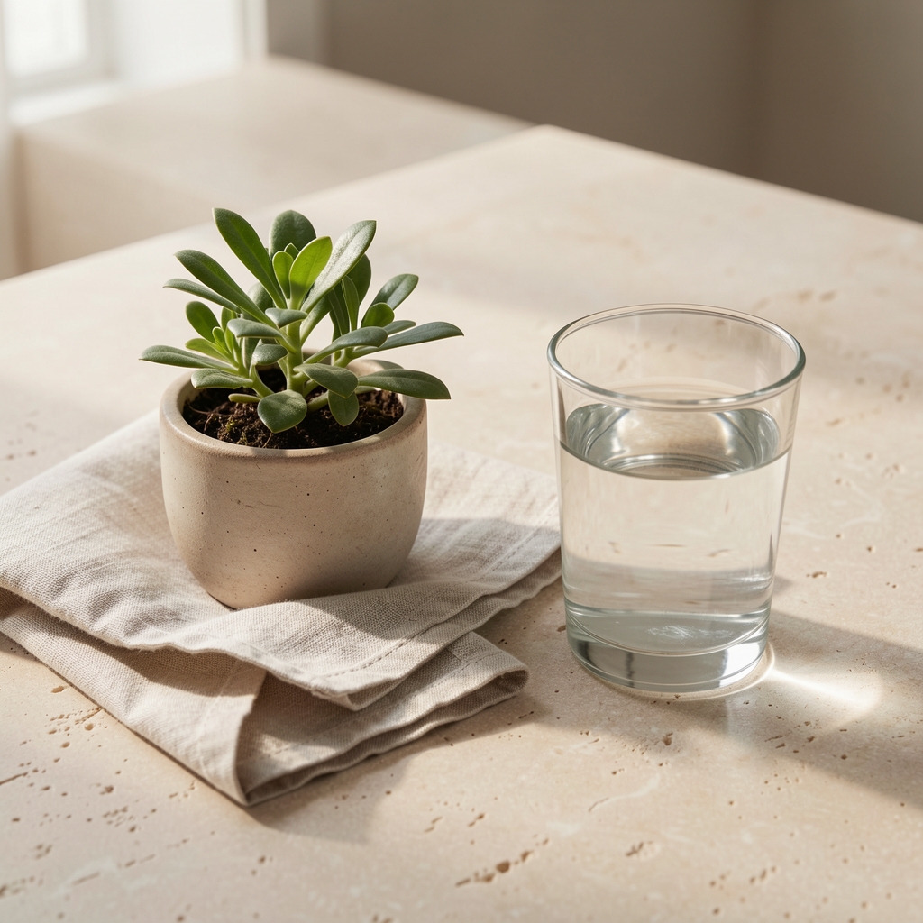 Editorial still life of a small plant, folded linen cloth, and a glass of water on a pale stone surface in natural light