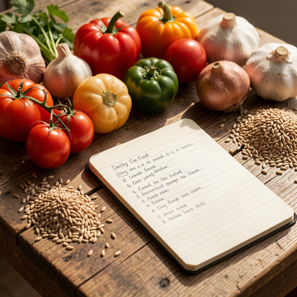 Close-up of a rustic wooden table with seasonal vegetables, whole grains, and a small notebook open to handwritten daily food notes, warm natural morning light, editorial documentary style