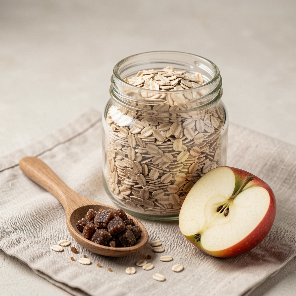 Glass jar filled with whole grain oats beside a wooden spoon with dark sugar and a sliced apple on a linen cloth, soft diffused light, clean archival composition