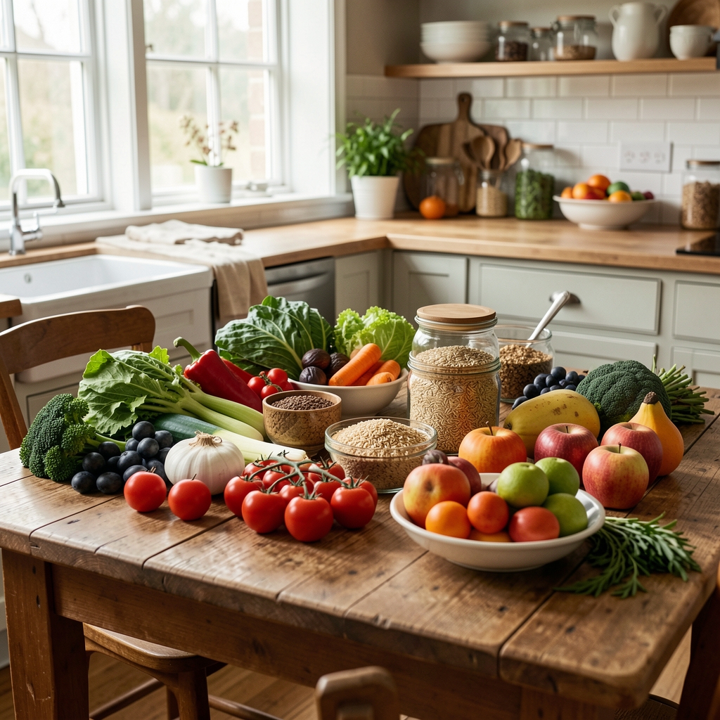 Wide editorial photograph of a wooden kitchen table set with whole foods — vegetables, grains, and seasonal produce arranged in natural morning light, archival documentary style