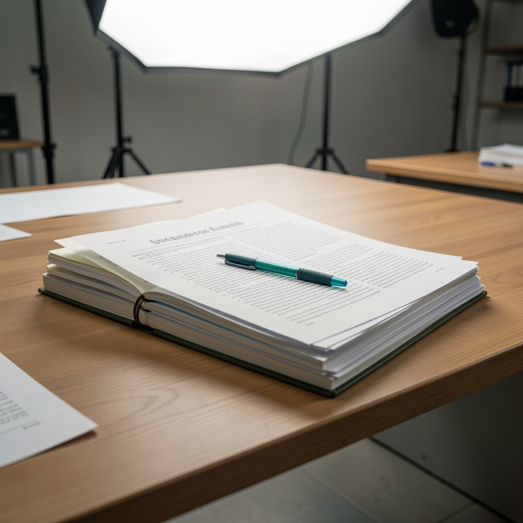 Stack of opened notebooks and printed research papers on a wide editorial desk, with a single teal-tipped pen resting across them, overhead studio lighting, archival documentary feel